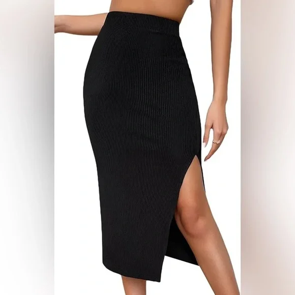 Ninexis Black Ribbed Knit Midi Skirt M High Slit Bodycon Stretch Edgy - Picture 5 of 7